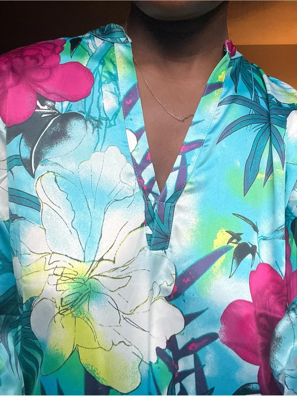 Natori Turquoise Floral V-Neck Tunic with Fuchsia Accents
